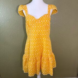 Betsey Johnson L Cap Sleeve Eyelet Lace Daisy Print Mini Dress Yellow Coquette